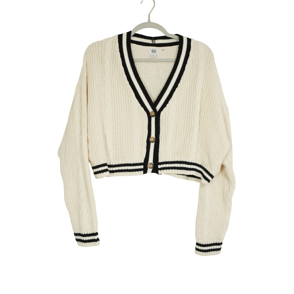 BDG Schoolgirl Ivory Black Varsity Stripe Cropped Cable Knit Cardigan Size Large